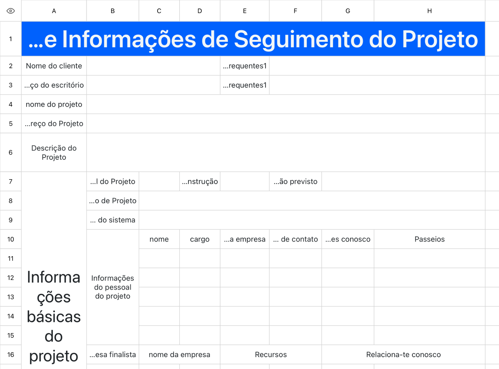 Tabela de Informações de Seguimento do Projeto